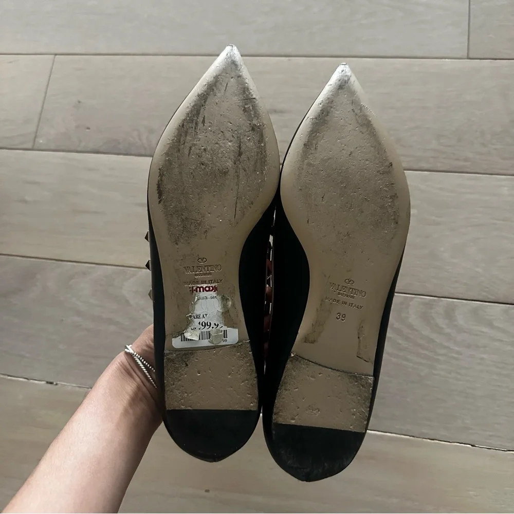 Authentic Valentino Garavani Black Satin Matte Leather Pointed Rockstud Flats - Picture 4 of 4